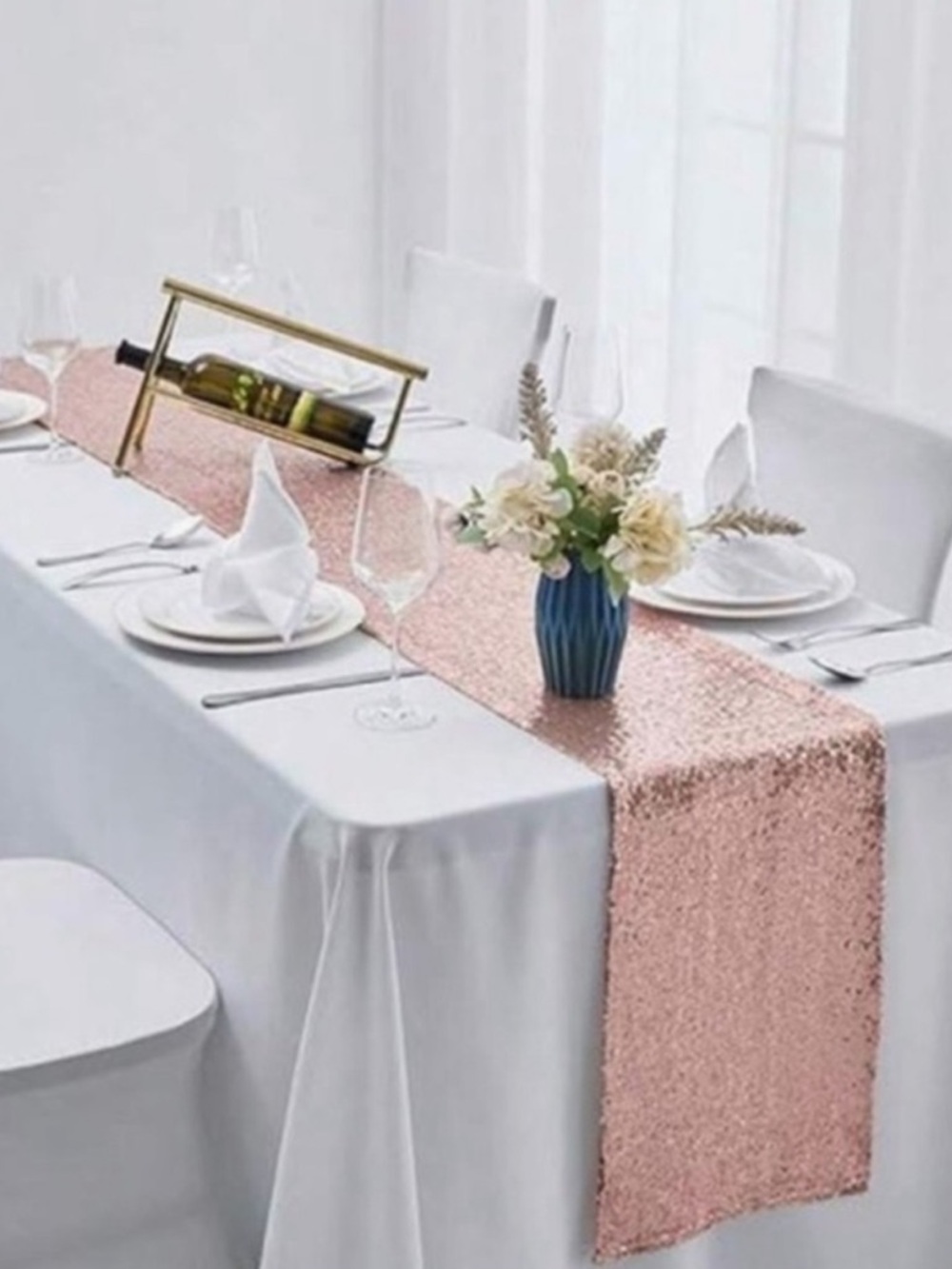 Set of 6 Rose Gold Pink Sequin Table Runners 12” x 72” each